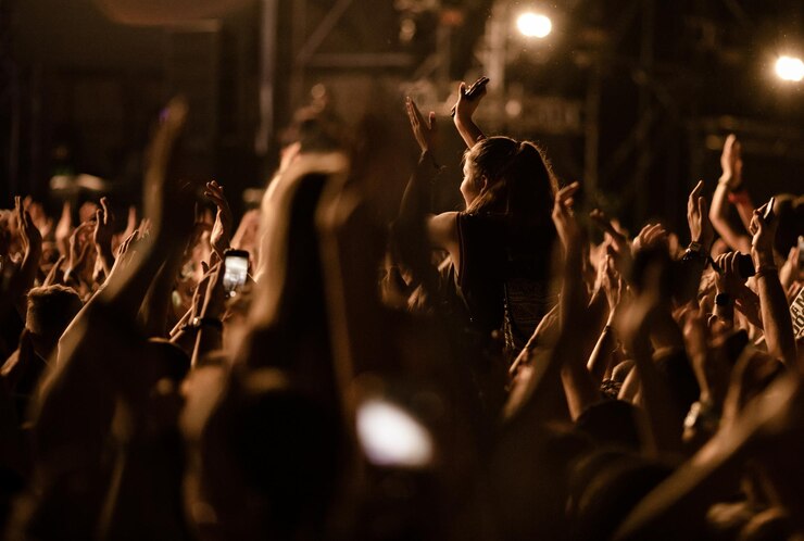 foule gens aux bras leves s amusant au festival musique nuit 637285 590